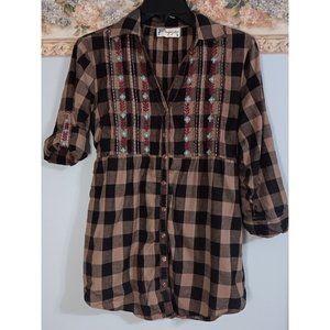 Magazine Small Checkered Embroidered Boho Peasant Peplum Western Rodeo Shirt
